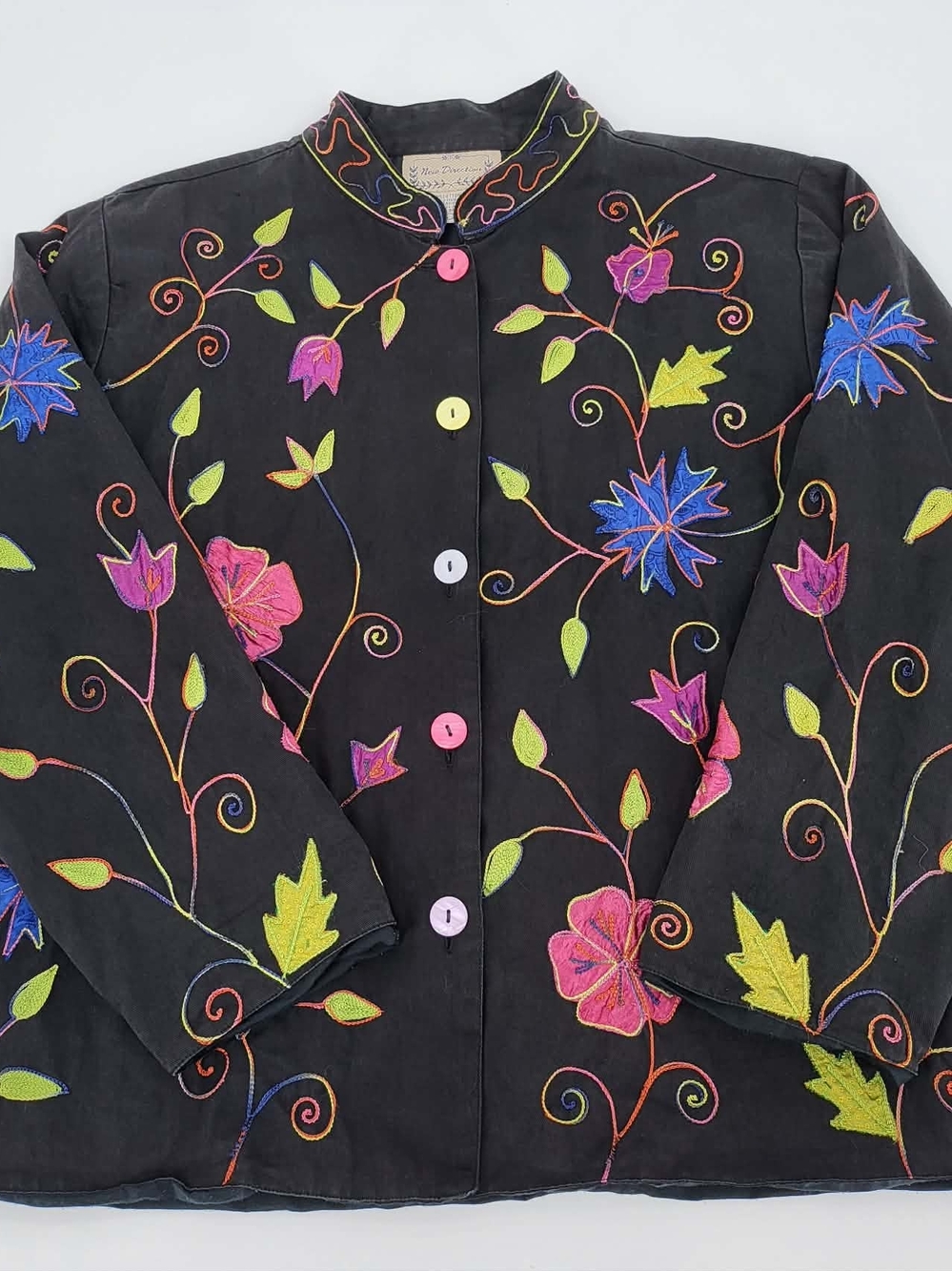 new directions Black Jacket with Rainbow Floral Embroidery and Pink Buttons L